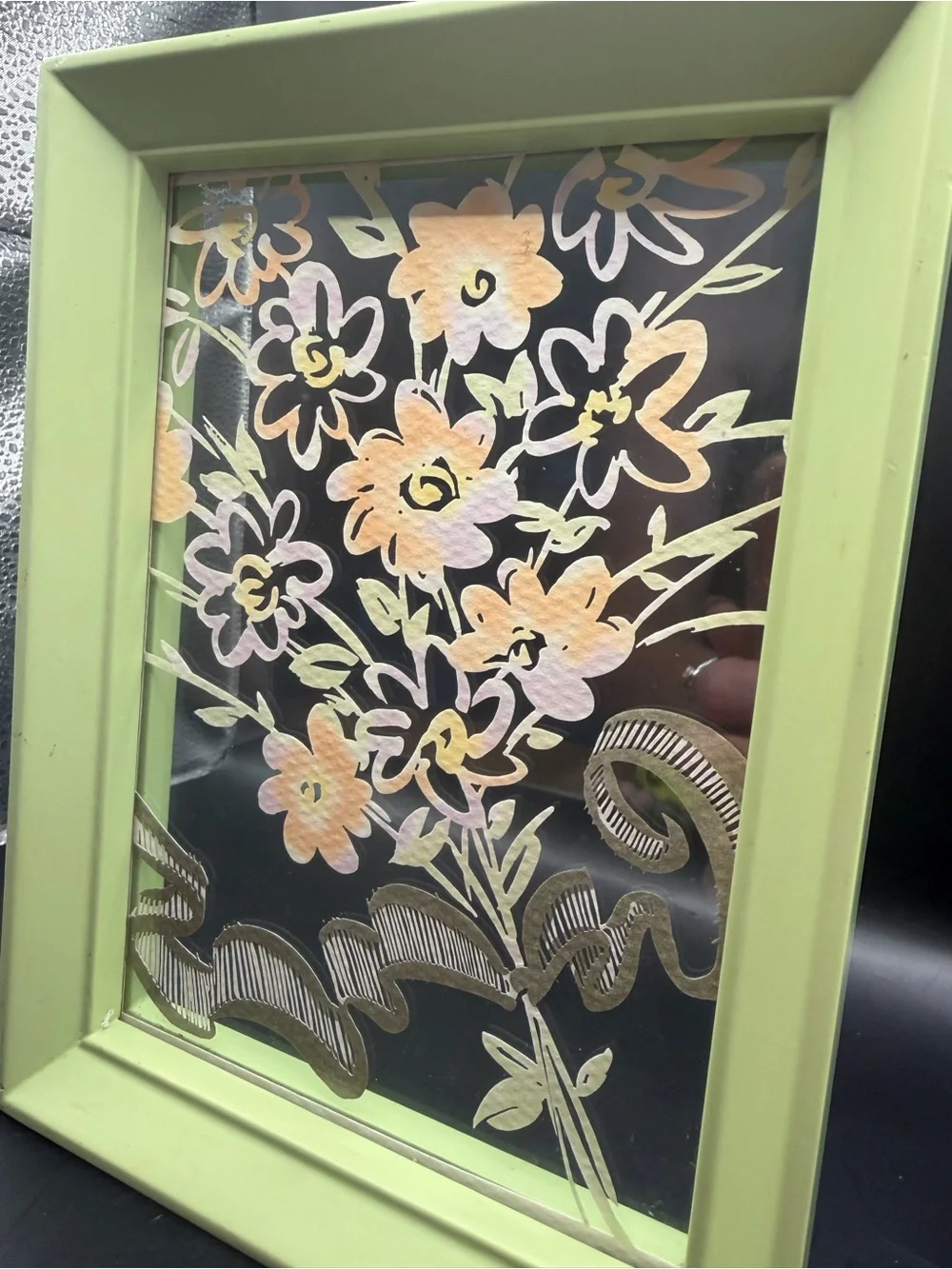 Vintage Floral Reverse Painted Glass Wall Art Green Frame